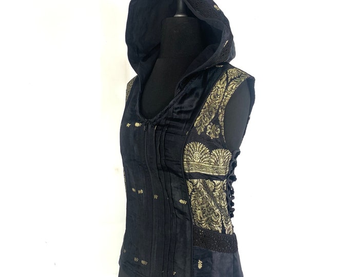 S/M. Pixie Hooded Jacket, Silk brocade. Pagan, Celtic, Gothic, Elven, Festival, LARP, R.E.N., Cosplay SKU:1050-5183