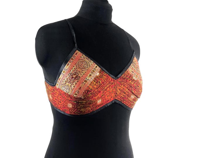 L Gia Cross Strap Bra Top, Handmade in Vintage Silk Brocade (SKU:2163-10031)