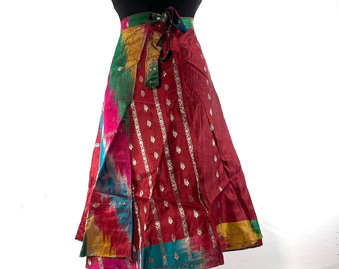 Pemberin Midi One Size Wrap Skirt in Upcycled Heavy Silk Brocade Sari. (One Layer A-Line Saree Wrap Skirt) SKU:2031-6352