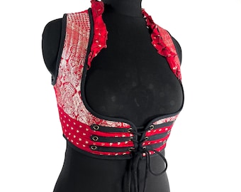 Underbust Corset Top; Ivy L Red & Silver steampunk vest handmade in Vintage Silk Brocade (SKU:2173-10127)
