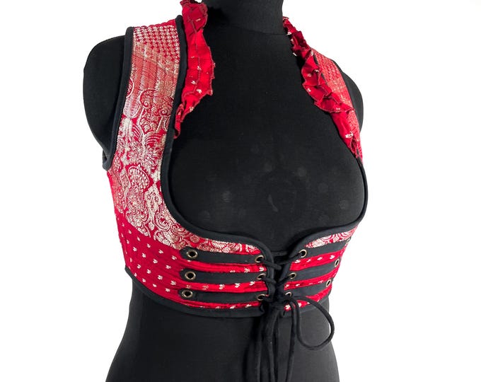 Underbust Corset Top; Ivy L Red & Silver steampunk vest handmade in Vintage Silk Brocade (SKU:2173-10127)