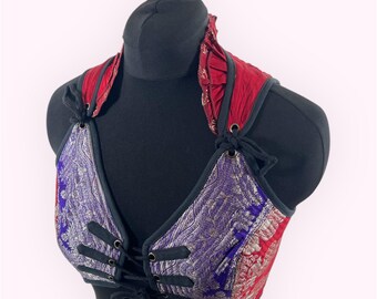 L. Fae Corset Top - Red Purple & Silver Bra Top - Vintage Silk Brocade  (SKU:3033-9760)