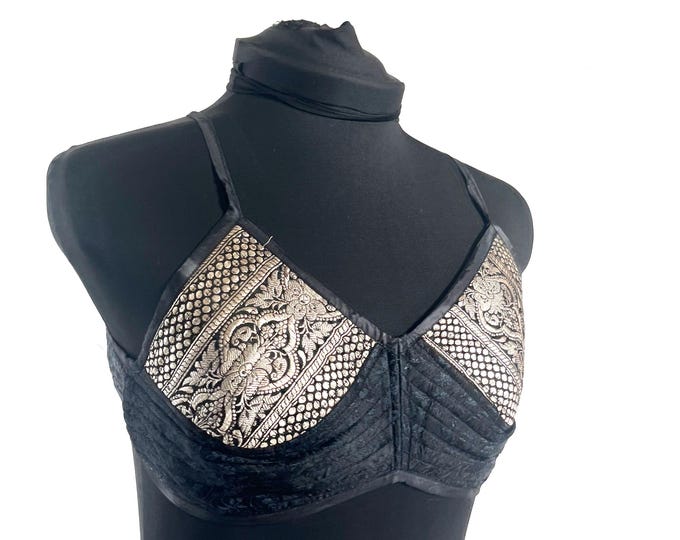 M Gia Cross Strap Bra Top, Handmade in Vintage Silk Brocade (SKU:2162-10057)