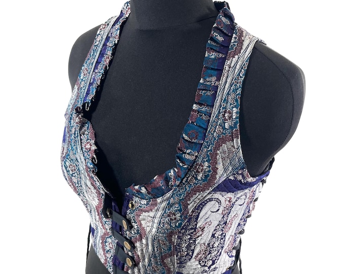 L. Mia Waistcoat; Boho Top - Blue & Silver - Vintage Silk Brocade  (SKU:2143-9681)