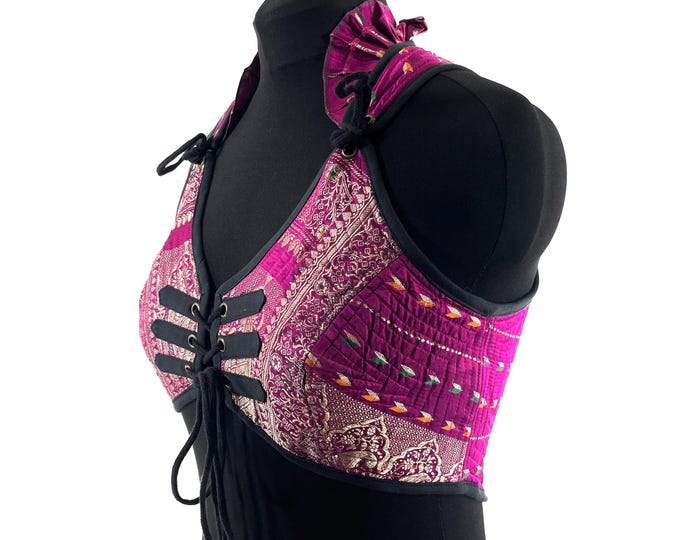 L. Fae Corset Top - Pink & Silver Bra Top - Vintage Silk Brocade  (SKU:3033-9765)