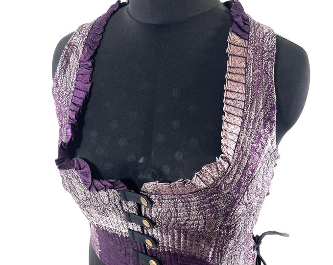 3XL. Mia Waistcoat; Boho Top - Purple & Silver - Vintage Silk Brocade  (SKU:2146-9716)