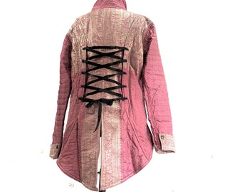 2XL. Steampunk Silk Brocade Tailcoat. Unisex & Unique, Fleece lined Pirate Coat. Corsetage at back for adjustable sizing.