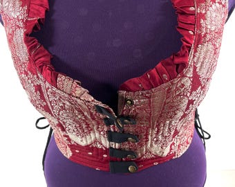 4XL. Mia Waistcoat; Boho Top - Red & Silver - Vintage Silk Brocade  (SKU:2147-9733)