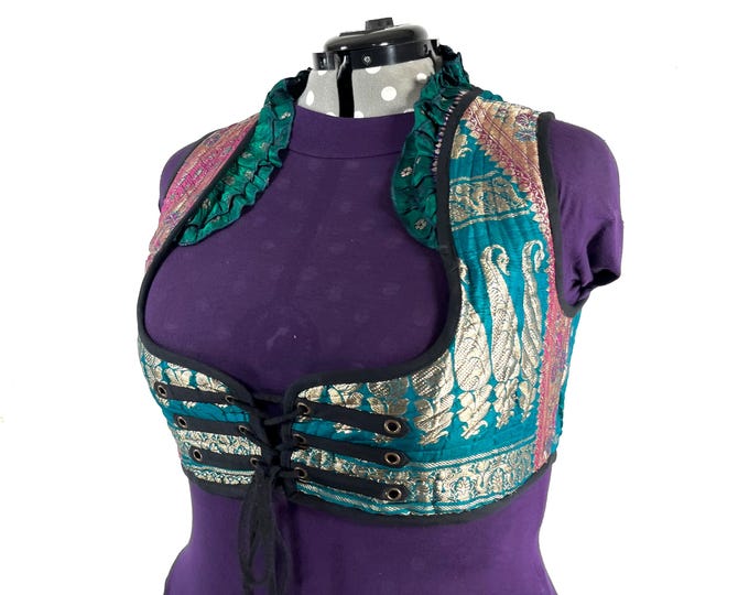 Underbust Corset Top; Ivy 5XL green & gold steampunk vest handmade in Vintage Silk Brocade (SKU:2178-10171)