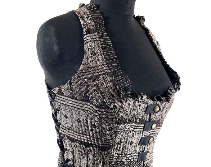 Mia Waistcoat; Boho Top - Black & Silver - Vintage Silk Brocade  (UK-2XL SKU:2145-9709)