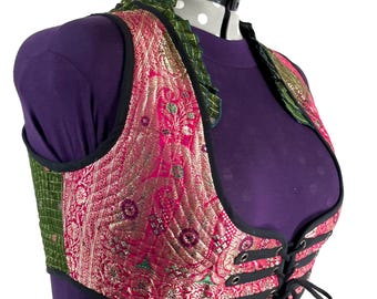 Underbust Corset Top; Ivy 6XL red & green steampunk vest handmade in Vintage Silk Brocade (SKU:2179-10184)