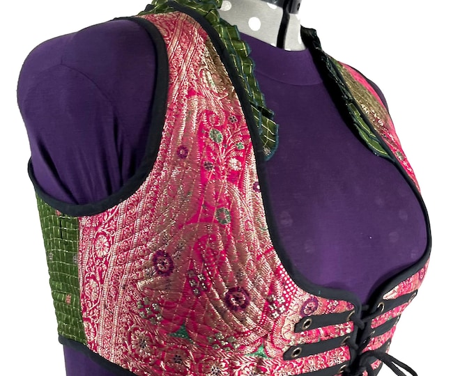 Underbust Corset Top; Ivy 6XL red & green steampunk vest handmade in Vintage Silk Brocade (SKU:2179-10184)