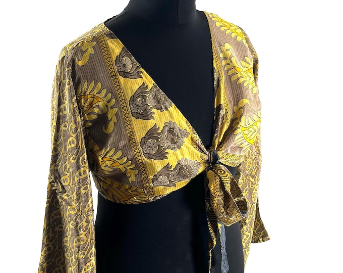 Joy Bell Sleeve Crop Top, Sari Summer Wrap, Handmade Silky, Light Hippy Style UK-2XL (SKU:573-10350)