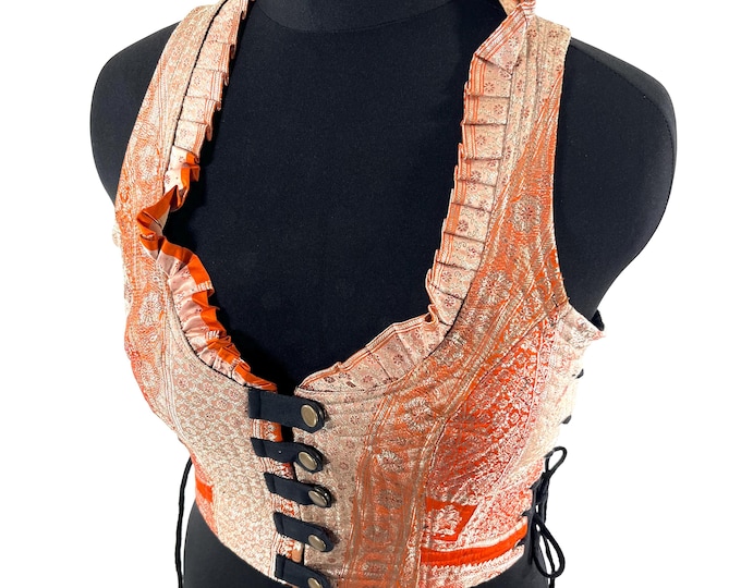 L. Mia Waistcoat; Boho Top - Orange & Silver - Vintage Silk Brocade  (SKU:2143-9682)