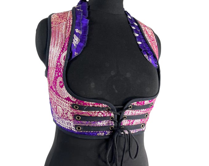 Underbust Corset Top; Ivy XL Purple & Silver steampunk vest handmade in Vintage Silk Brocade (SKU:2174-10138)