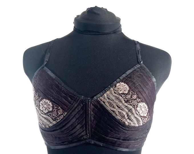 M Gia Cross Strap Bra Top, Handmade in Vintage Silk Brocade (SKU:2162-10046)
