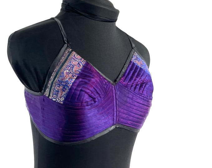 XS Gia Cross Strap Bra Top, Handmade in Vintage Silk Brocade (SKU:2160-10090)