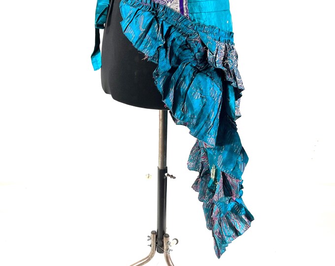 Bustle Wrap Over Skirt Vintage Silk Brocade, Luna M/L; Tribal Belly Dance mini skirt, Steampunk Festival Cosplay Tail Skirt SKU:221-7130
