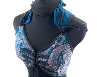 M. Fae Corset Top - Blue & Silver Bra Top - Vintage Silk Brocade  (SKU:3032-9743)