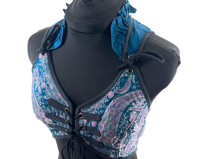 M. Fae Corset Top - Blue & Silver Bra Top - Vintage Silk Brocade  (SKU:3032-9743)