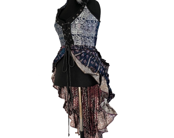 M. Varuna Corset Dress in Silk Brocade with long body; Larp Renaissance Corset Dress.  SKU:2002-2637