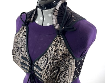 6XL. Fae Corset Top - Black & Silver Bra Top - Vintage Silk Brocade  (SKU:3038-9812)
