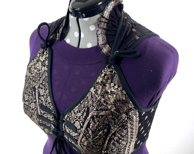 6XL. Fae Corset Top - Black & Silver Bra Top - Vintage Silk Brocade  (SKU:3039-9812)