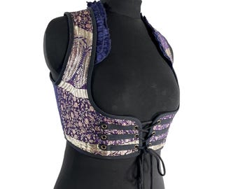 Underbust Corset Top; Ivy XL Purple Blue & Silver steampunk vest handmade in Vintage Silk Brocade (SKU:2174-10130)