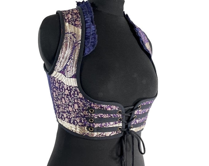 Underbust Corset Top; Ivy XL Purple Blue & Silver steampunk vest handmade in Vintage Silk Brocade (SKU:2174-10130)