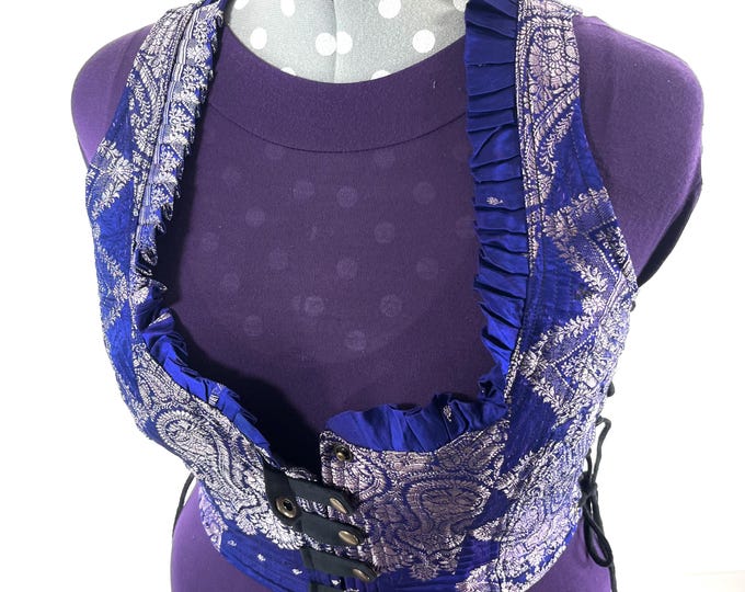 4XL. Mia Waistcoat; Boho Top - Blue & Silver - Vintage Silk Brocade  (SKU:2147-9736)