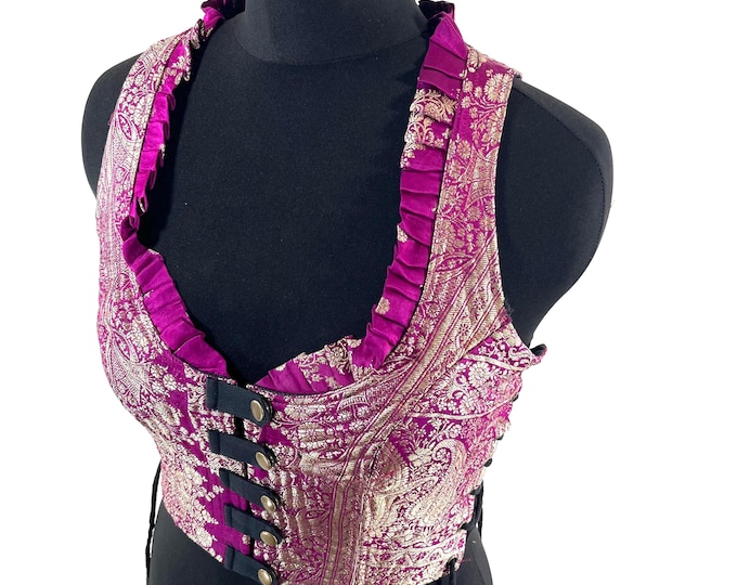 L. Mia Waistcoat; Boho Top - Pink & Gold - Vintage Silk Brocade  (SKU:2143-9683)