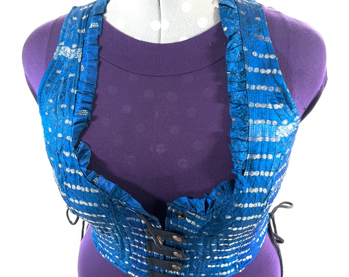 4XL. Mia Waistcoat; Boho Top - Blue & Silver - Vintage Silk Brocade  (SKU:2147-9731)