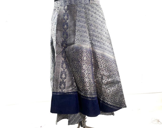 Pahala Midi Wrap Skirt in Upcycled Heavy Silk Brocade Sari. (One Layer A-Line Saree Wrap Skirt)  SKU:2031-10505