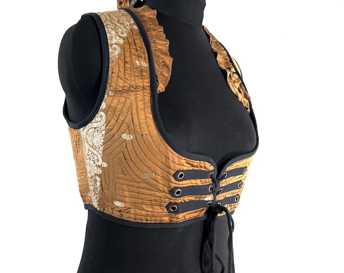 Underbust Corset Top; Ivy 2XL beige & gold steampunk vest handmade in Vintage Silk Brocade (SKU:2175-10141)
