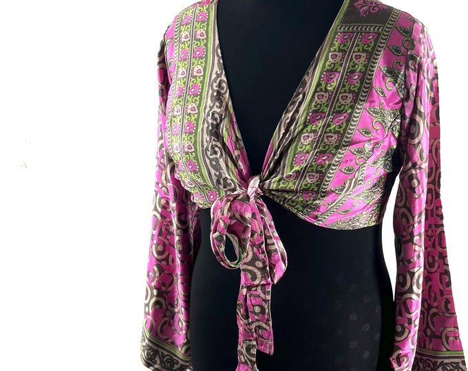 Joy Bell Sleeve Crop Top, Sari Summer Wrap, Handmade Silky, Light Hippy Style UK-L/XL (SKU:572-10328)