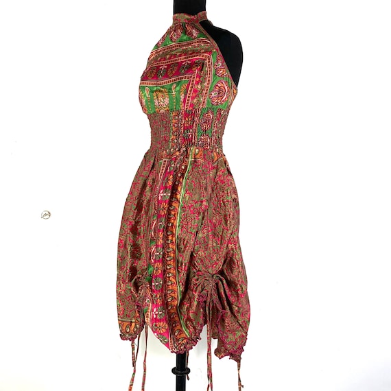 Sadie Silk Pixie Dress a One Size Goddess Dress, Hippie Boho Summer Halter Dress with a ruched skirt. SKU:1031-5520