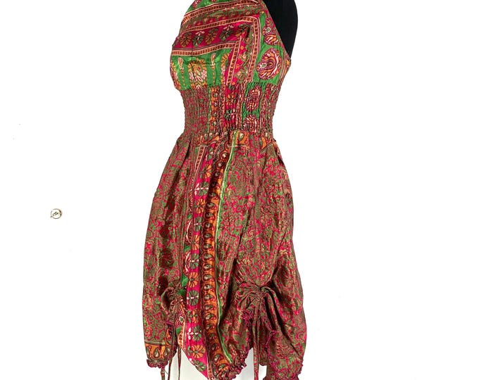 Sadie Silk Pixie Dress a One Size Goddess Dress, Hippie Boho Summer Halter Dress with a ruched skirt. SKU:1031-5520