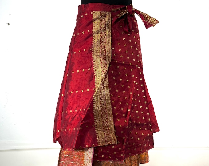 Pemberin Midi Wrap Skirt in Upcycled Heavy Vintage Silk Brocade Sari. (Two Layer A-Line Wrap Skirt)  SKU:2034-8446