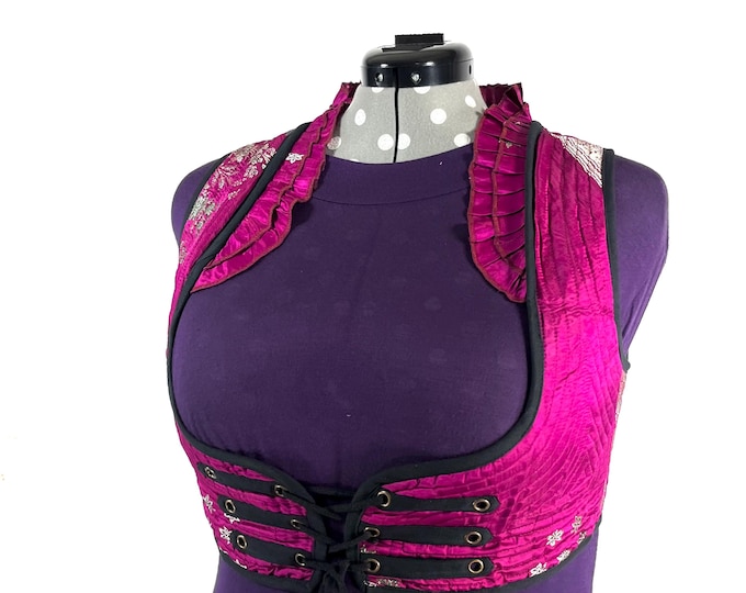 Underbust Corset Top; Ivy 4XL pink & silver steampunk vest handmade in Vintage Silk Brocade (SKU:2177-10161)