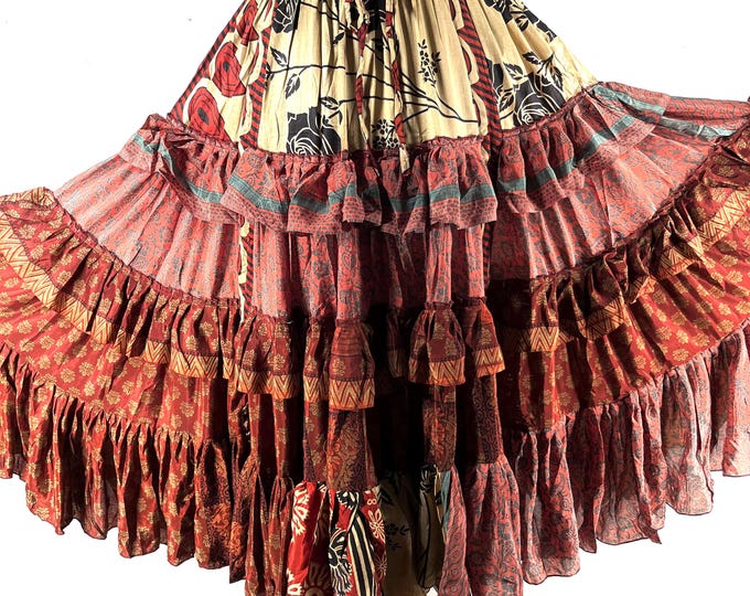 Jazmyn XL 25 Yard Skirt handmade in Vintage Summer Silk, Maxi Plus Size; (30"-60" Waist) a Boho Cottagecore skirt  SKU:737-9111