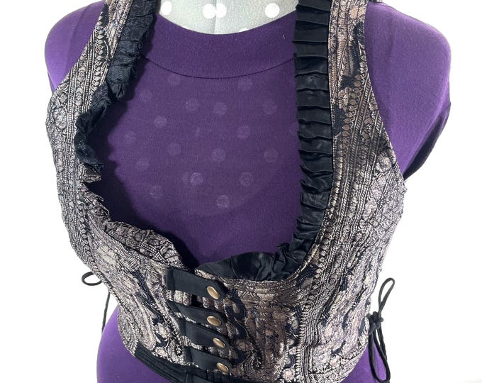 4XL. Mia Waistcoat; Boho Top - Black & Silver - Vintage Silk Brocade  (SKU:2147-9734)