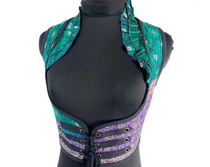 Underbust Corset Top; Ivy S steampunk vest handmade in Vintage Silk Brocade (SKU:2171-10100)