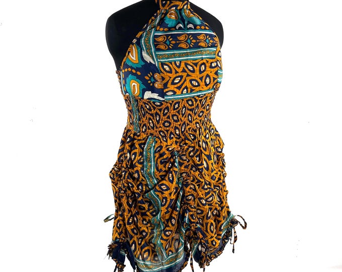 Sadie Silk Pixie Dress. One Size. A Sun Goddess Halter Dress with adjustable Rouches.  SKU:1031-10453