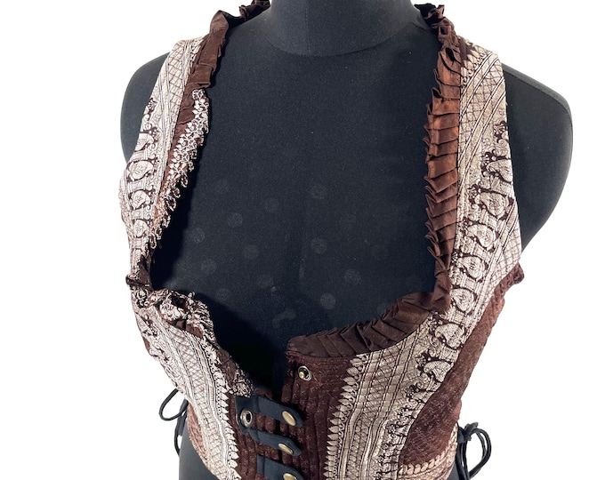 2XL. Mia Waistcoat; Boho Top - Brown & Silver - Vintage Silk Brocade  (SKU:2145-9708)
