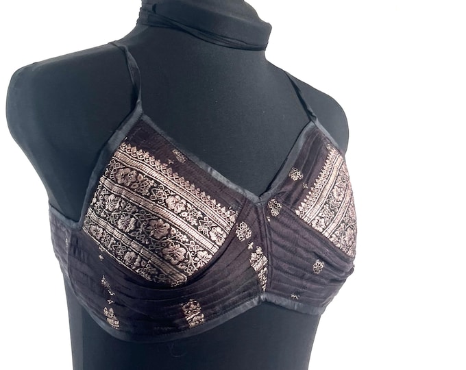 M Gia Cross Strap Bra Top, Handmade in Vintage Silk Brocade (SKU:2162-10044)