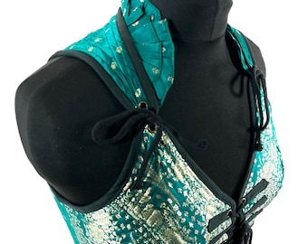 2XL. Fae Corset Top - Greenish & Silver Bra Top - Vintage Silk Brocade  (SKU:3035-9784)