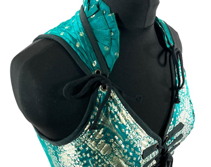 2XL. Fae Corset Top - Greenish & Silver Bra Top - Vintage Silk Brocade  (SKU:3035-9784)