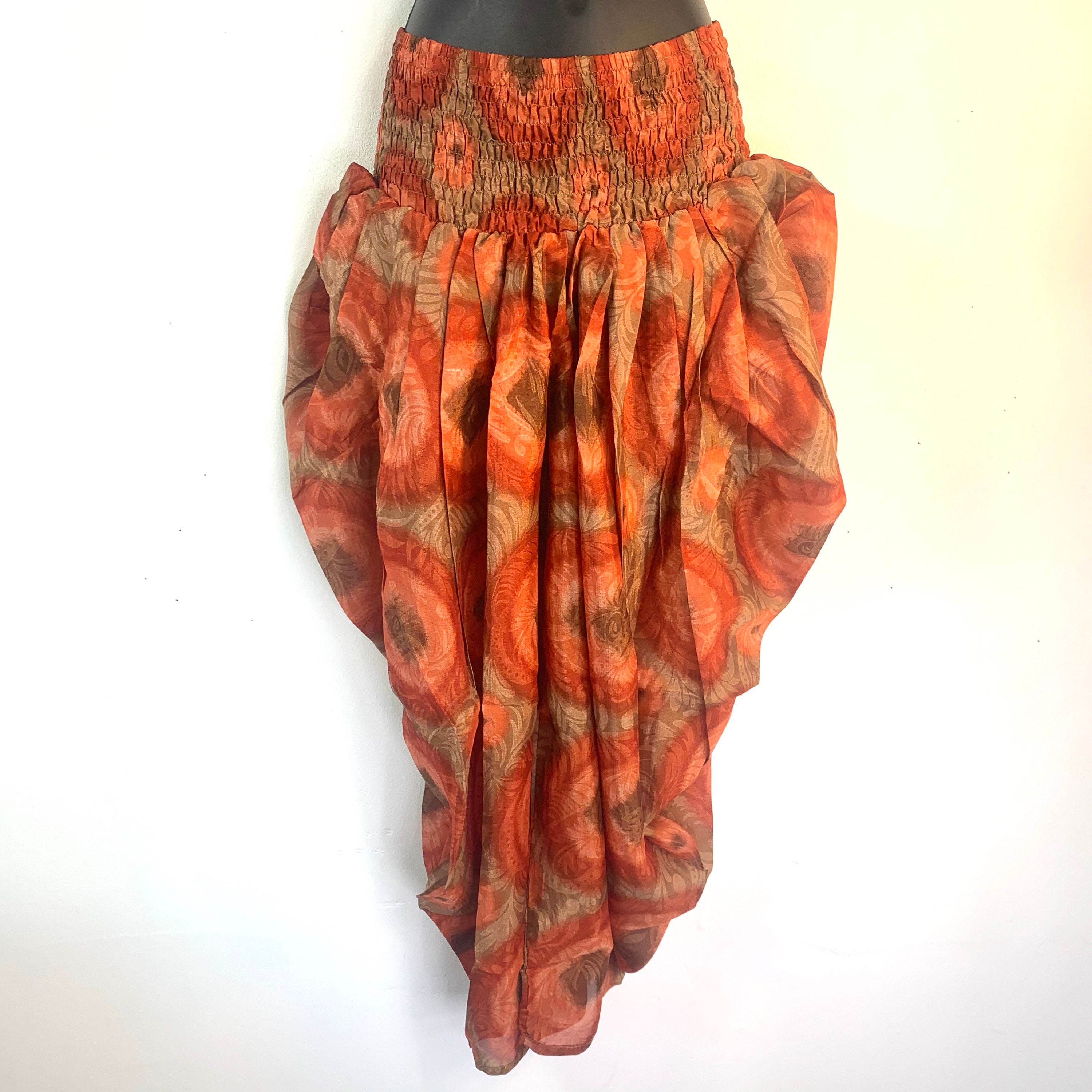 Image of Waterfall Harem Eco Trousers, Silk, Adult O/S Copper, Red & Beige, Yoga, Casual Pants, Elasticated, Loose, Comfortable