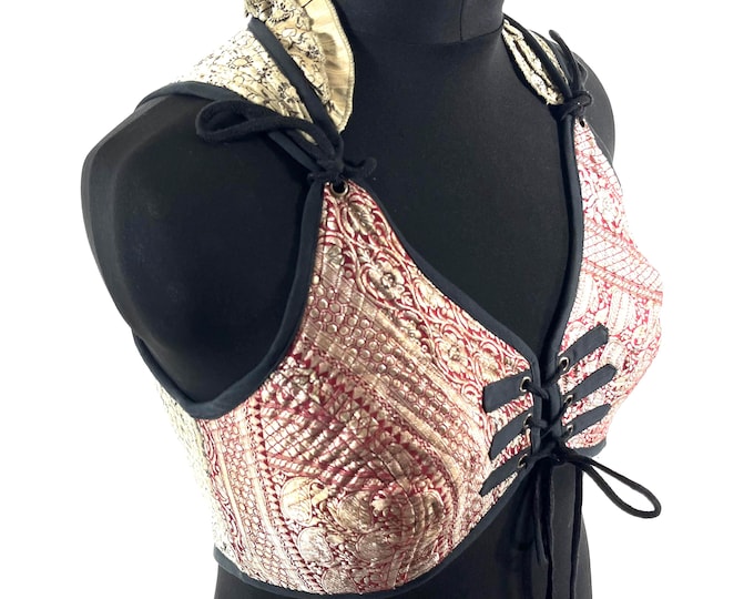 3XL. Fae Corset Top - Red & Silver Bra Top - Vintage Silk Brocade  (SKU:3036-9797)