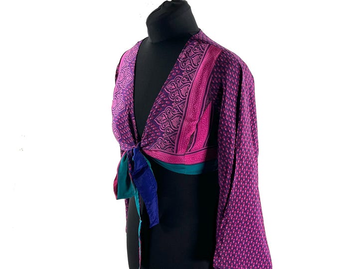 Joy Bell Sleeve Crop Top; Silky Sari Summer Wrap Top UK-M/L (SKU:571-10286)